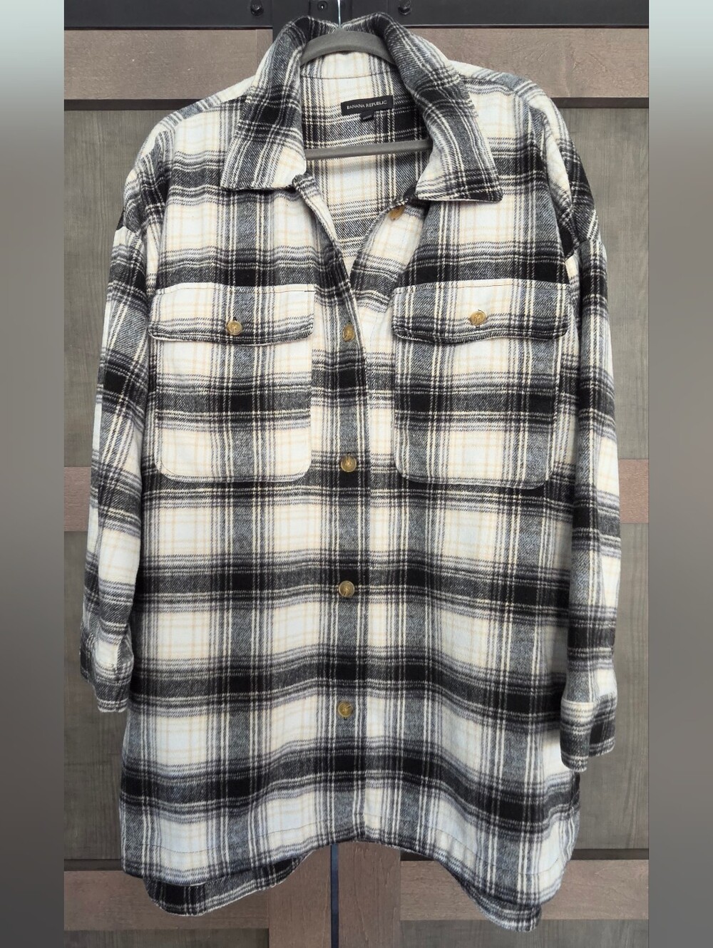 Banana Republic Plaid Wool Blend Shacket Shirt Jacket XL Black Cream